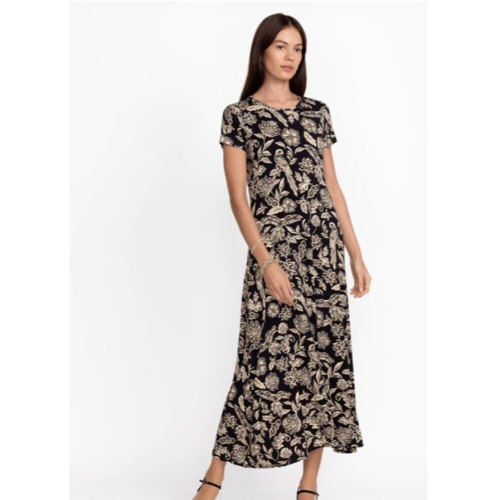 Johnny Was Noah Black and Tan Floral Cap Sleeve Tee Dress New With Tags Size S